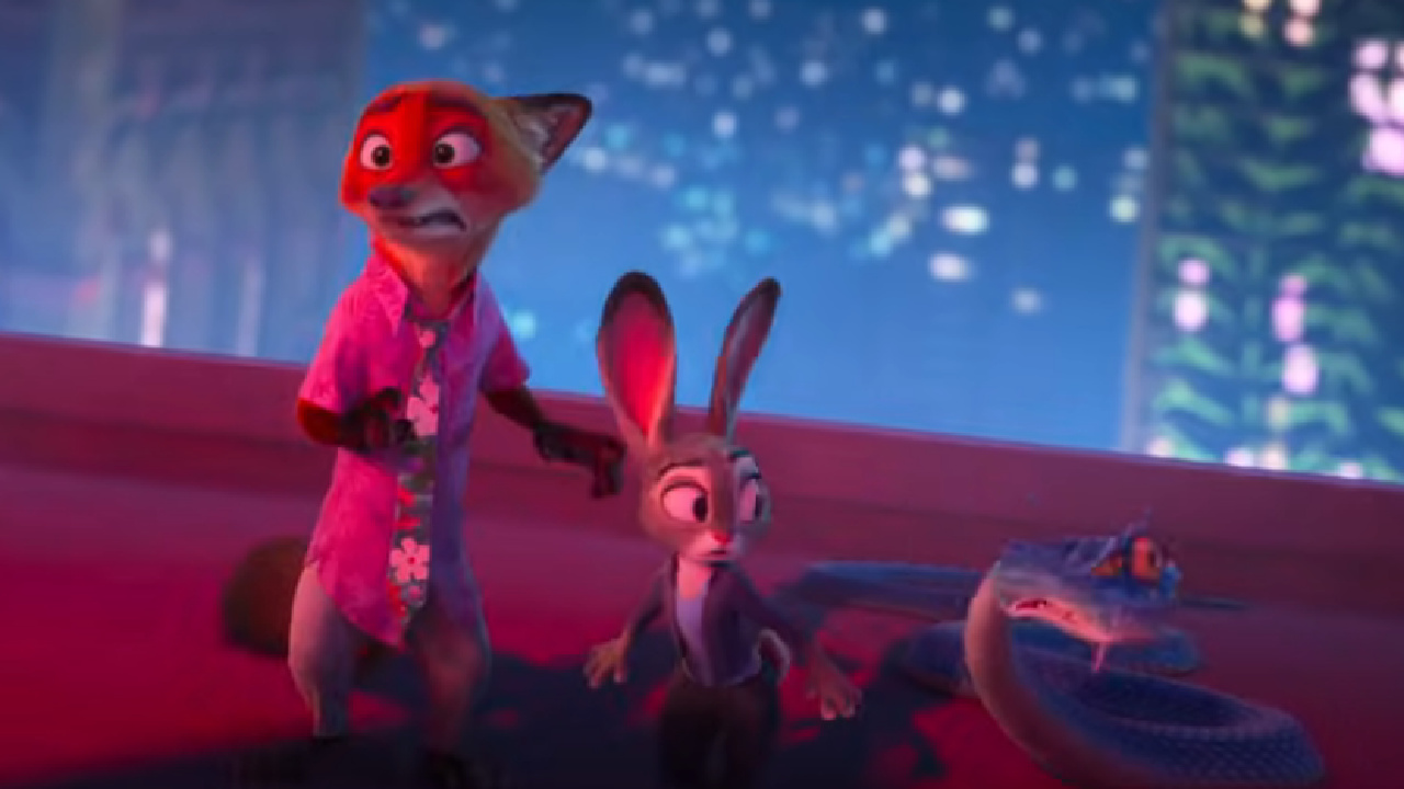 Judy and Nick and the snake in Zootopia 2.