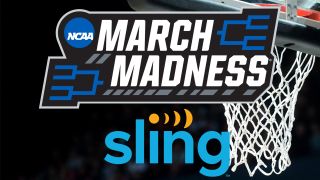 March Madness and Sling TV logos superimposed on a basketball hoop