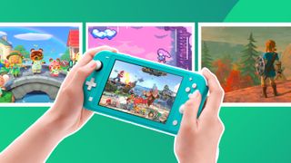 A shot of the teal Nintendo Switch Lite in a user's hands in front of 3 screenshots from various games against a green background 