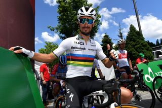 LEUKERBAD SWITZERLAND JUNE 10 Julian Alaphilippe of France and Team Deceuninck QuickStep at start during the 84th Tour de Suisse 2021 Stage 5 a 1752km stage from Gstaad to Leukerbad 1385m UCIworldtour tds tourdesuisse on June 10 2021 in Leukerbad Switzerland Photo by Tim de WaeleGetty Images