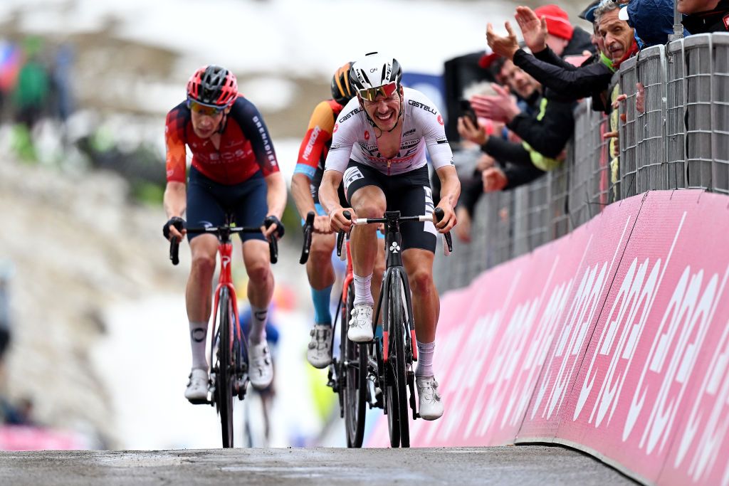 TRE CIME DI LAVAREDO ITALY MAY 26 Joao Almeida of Portugal and UAE Team Emirates White Best Young Rider Jersey crosses the finish line during the 106th Giro dItalia 2023 Stage 19 a 183km stage from Longarone to Tre Cime di Lavaredo 2307m UCIWT on May 26 2023 in Tre Cime di Lavaredo Italy Photo by Stuart FranklinGetty Images