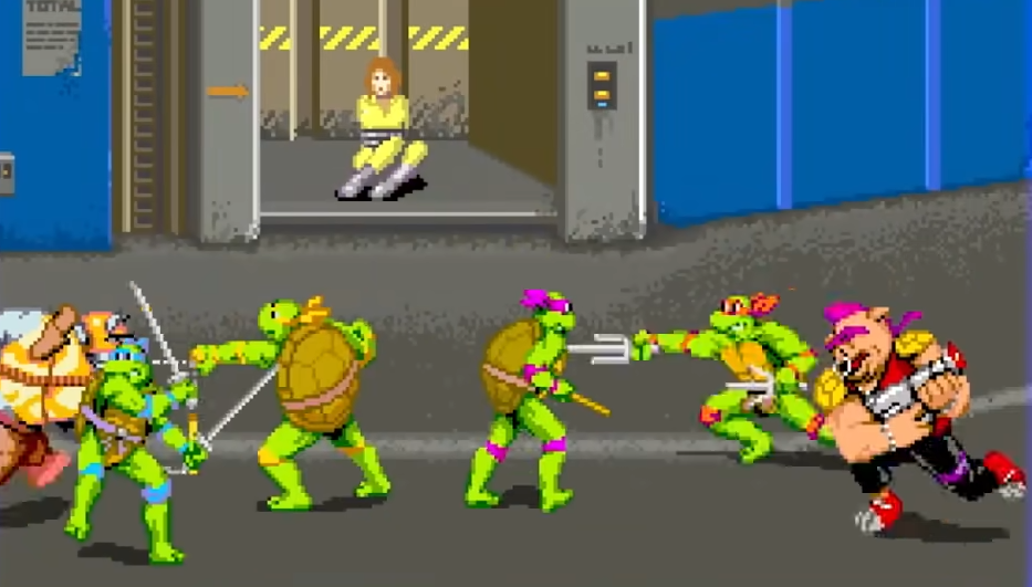 The Turtles fight Bebop and Rocksteady in TMNT arcade game.