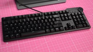 A Das Keyboard 6 Professional on a pink cutting mat