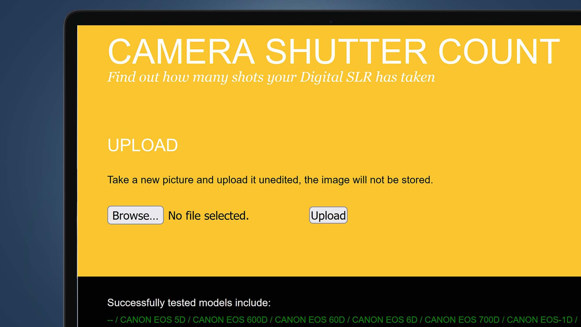 A laptop screen showing the Camera Shutter count website