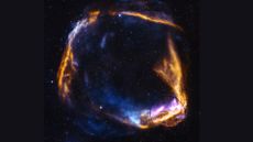 A circular array of blue and pink and orange gas swirls against a dark starry background
