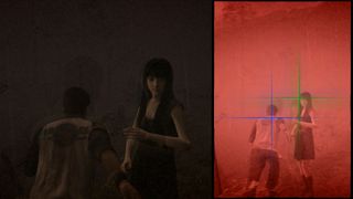 Splitscreen screenshot from Siren: Blood Curse showing a male and female character from the camera POV and from sight jacking POV mechanic