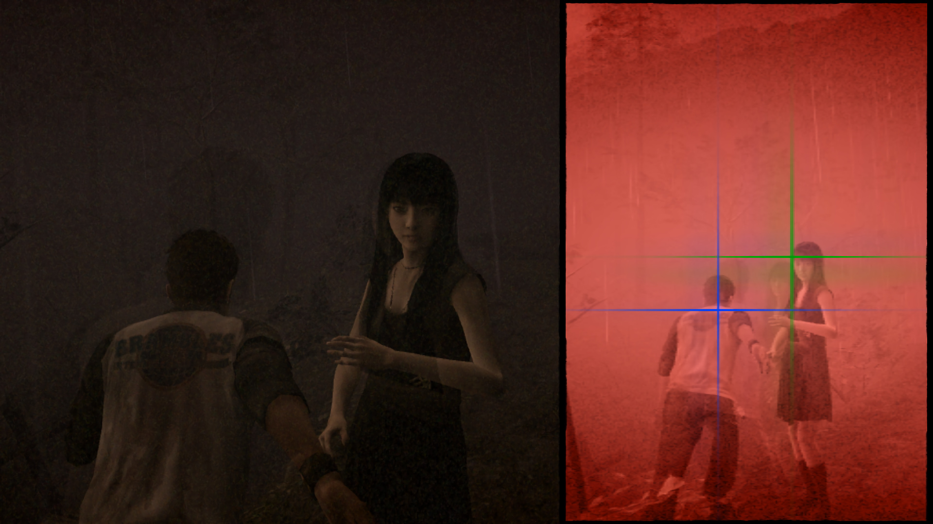 Снимок экрана с разделением экрана из Siren: Blood Curse, показывающий мужского и женского персонажей с точки зрения камеры и с точки зрения механики захвата точки зрения