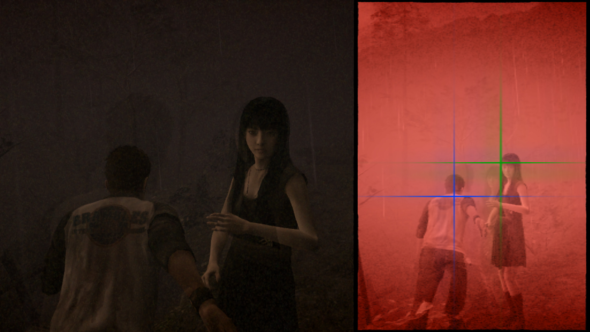 Splitscreen screenshot from Siren: Blood Curse showing a male and female character from the  camera POV and from sight jacking POV mechanic