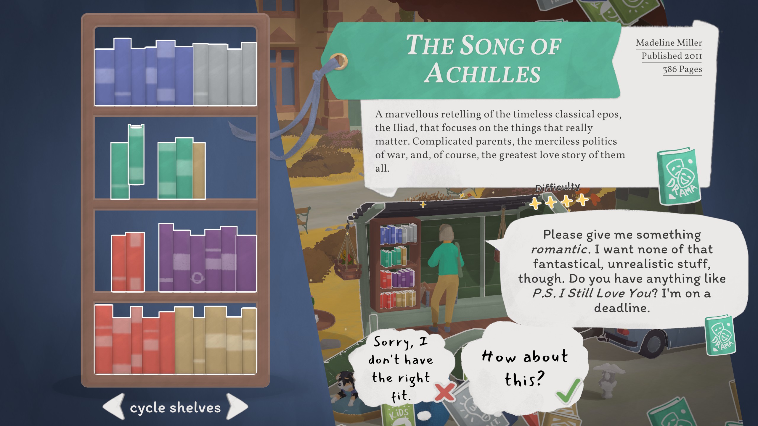 Tiny Bookshop - A customer asks for a romantic book without fantasy