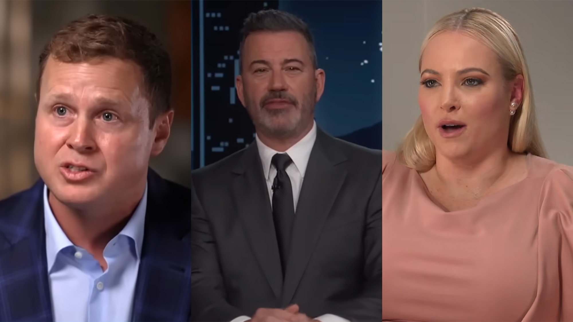 Screenshots of Spencer Pratt, Meghan McCain and Jimmy Kimmel doing interviews with basic backgrounds.