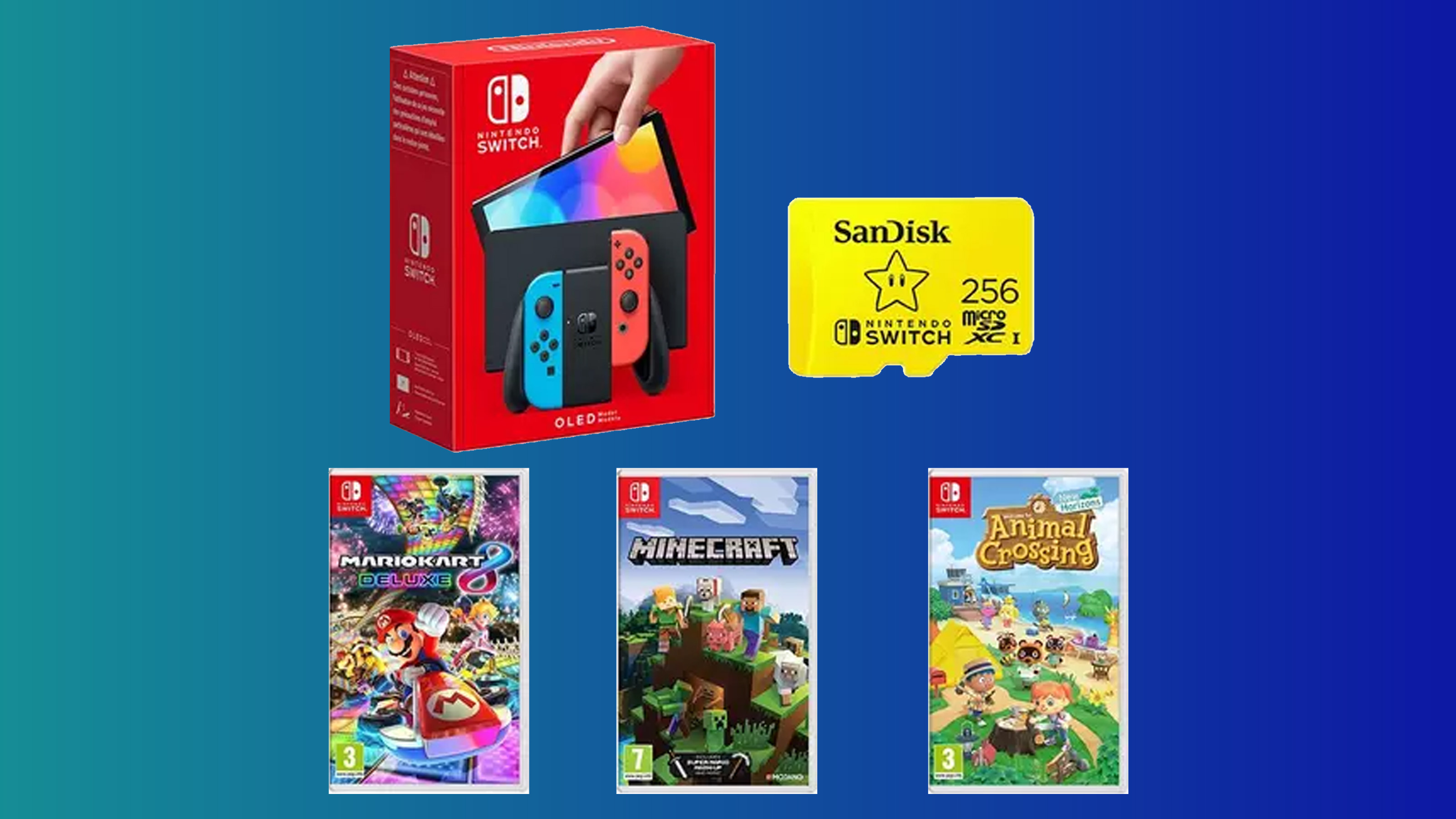 A product shot of the Switch OLED bundle on a colourful background