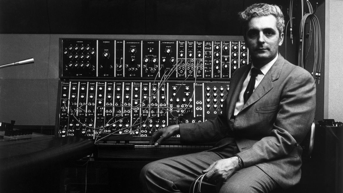 Robert Moog. January 1970: Portrait of American inventor Robert Moog sitting in front of his Moog synthesizer, the pioneering electronic musical instrument. (Photo by Jack Robinson/Hulton Archive/Getty Images)