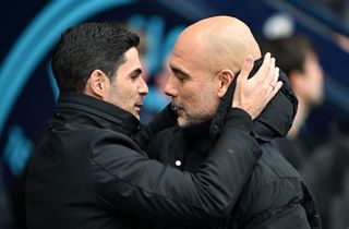 Mikel Arteta, Manager of Arsenal, interacts with Pep Guardiola, Manager of Manchester City, prior to the Premier League match between Manchester City and Arsenal FC at Etihad Stadium on March 31, 2024 in Manchester, England.