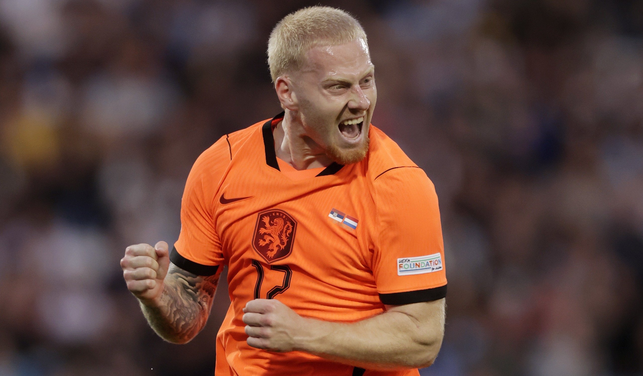 Mexx Meerdink of Holland celebrates 0-1 during the UEFA Nations league match between Serbia v Holland at the Stadium Rajko Mitic on September 27, 2026 in Belgrade Serbia