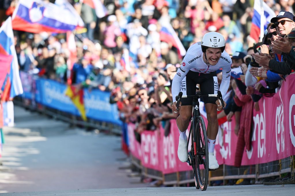MONTE LUSSARI ITALY MAY 27 Joo Almeida of Portugal and UAE Team Emirates White Best Young Rider Jersey crosses the finish line during the 106th Giro dItalia 2023 Stage 20 a 186km individual climbing time trial stage from Tarvisio 750m to Monte Lussari 1744m UCIWT on May 27 2023 in Monte Lussari Italy Photo by Stuart FranklinGetty Images