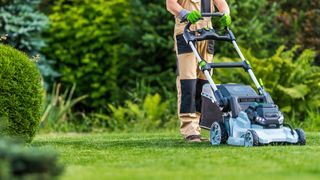 Man mowing lawn in garden