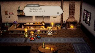 Screenshot of party with tavernkeep in Octopath Travler: CotC.