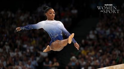 PARIS, FRANCE - AUGUST 05: Simone Biles of Team United States warms up prior to the Artistic Gymnastics Women&#039;s Balance Beam Final on day ten of the Olympic Games Paris 2024 at Bercy Arena on August 05, 2024 in Paris, France. (Photo by Jamie Squire/Getty Images)