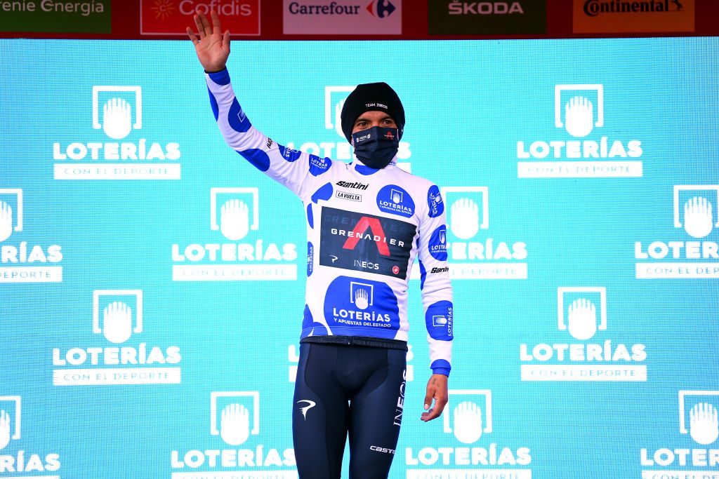 VINUESA SPAIN OCTOBER 22 Podium Richard Carapaz of Ecuador and Team INEOS Grenadiers Polka Dot Mountain Jersey Celebration during the 75th Tour of Spain 2020 Stage 3 a 1661km stage from Lodosa to La Laguna Negra Vinuesa 1735m lavuelta LaVuelta20 La Vuelta on October 22 2020 in Vinuesa Spain Photo by David RamosGetty Images