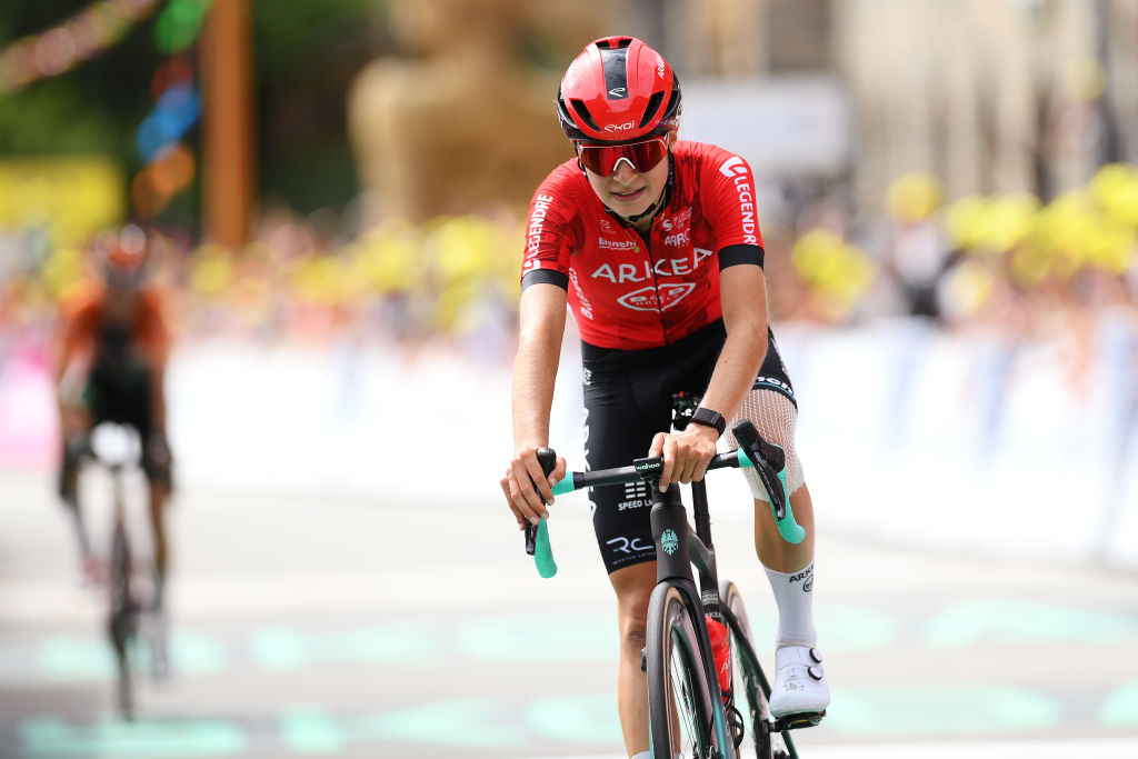 LE GRAND BORNAND, FRANCE - AUGUST 17: Valentina Cavallar of Austria and Team Arkea - B&amp;amp;B Hotels Women crosses the finish line during the 3rd Tour de France Femmes 2024, Stage 7 a 166.4km stage from Champagnole to Le Grand Bornand 1265m / #UCIWWT / on August 17, 2024 in Le Grand Bornand, France. (Photo by Alex Broadway/Getty Images)