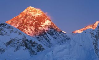 Sunset is coming for South Col Glacier, the highest glacier on Mount Everest.