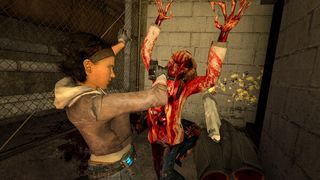 Alyx is harassed by a headcrab zombie while the player reloads in the Half-Life 2: Episode 1 VR mod.