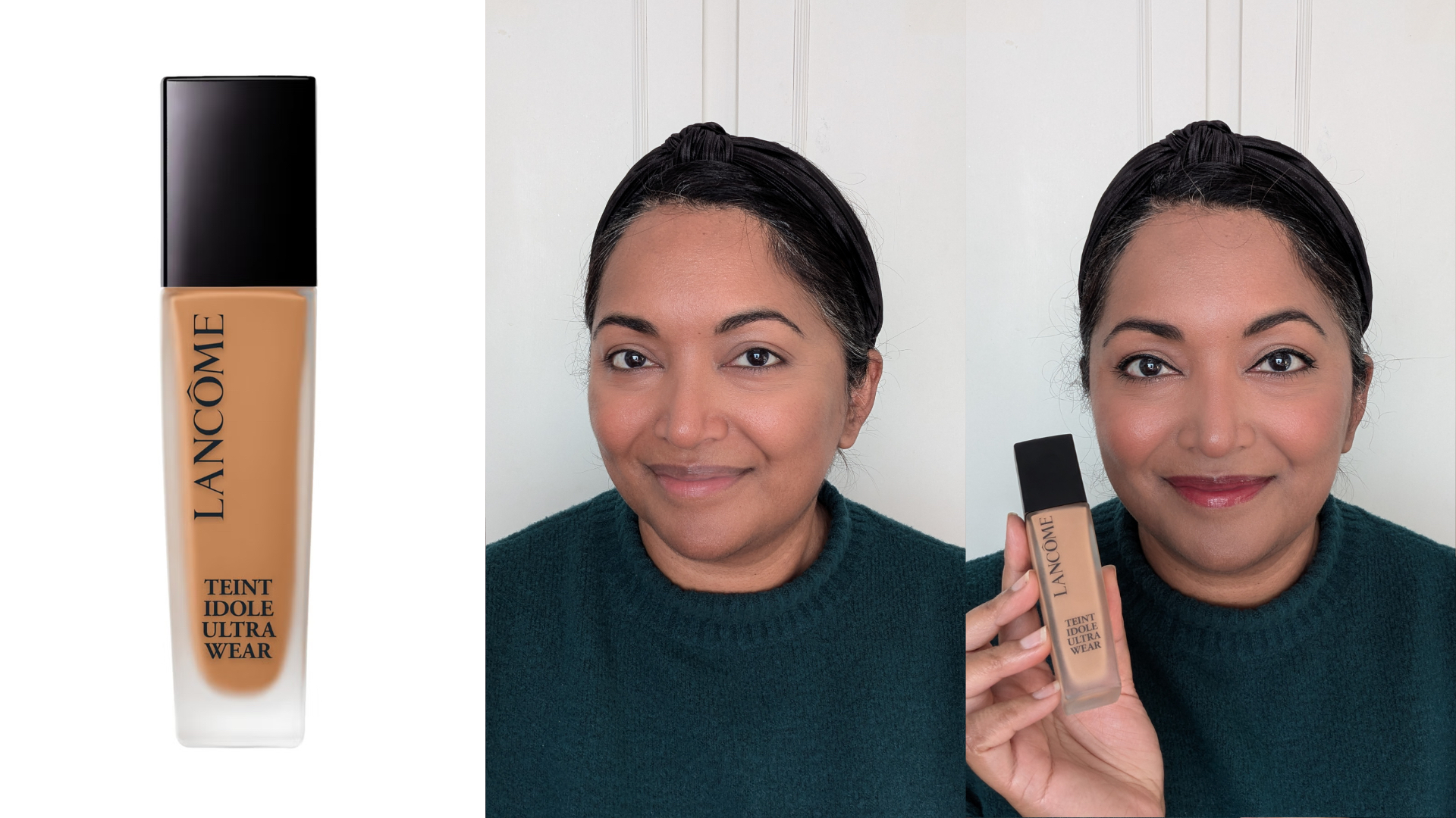 Collage of the Lancome Teint Idole Foundation (left) and Ayesha before and after applying the foundation (centre and right)