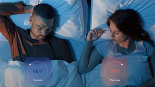 A man and woman in bed asleep with different temperature graphics