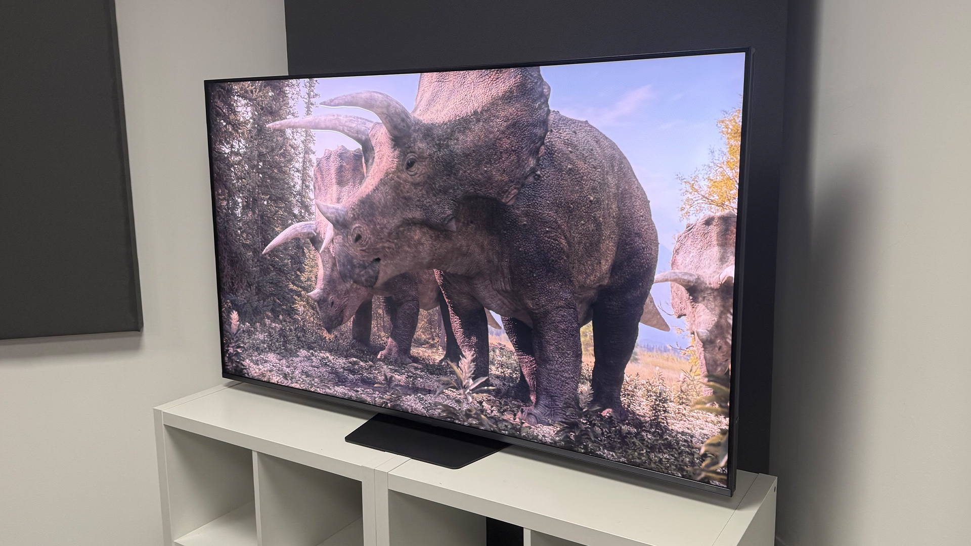 The 65-inch Hisense UR9 RGB Mini LED TV, photographed on a white, wooden unit. On the screen is a still from Netflix documentary, The Dinosaurs.