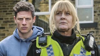 Tommy looking mean and Catherine in her police uniform for Happy Valley season 3. 