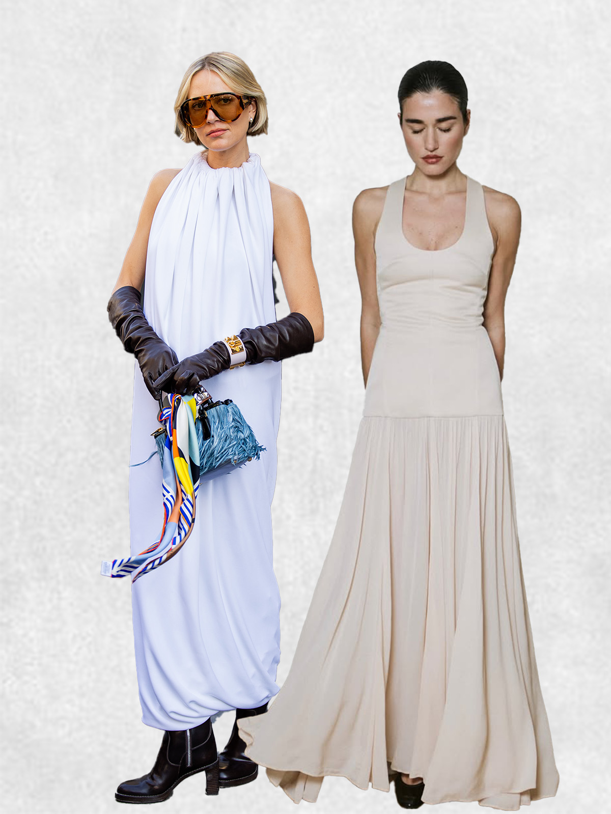 Two women wearing halterneck dresses.