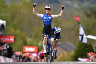 HUY BELGIUM APRIL 20 Marta Cavalli of Italy and Team FDJ Nouvelle Aquitaine Futuroscope celebrates winning ahead of Annemiek Van Vleuten of Netherlands and Movistar Team during the 25th La Flche Wallonne 2022 Womens Elite a 1334km one day race from Huy to Mur de Huy FlecheWallonne FWwomen on April 20 2022 in Huy Belgium Photo by Luc ClaessenGetty Images