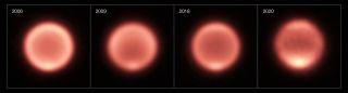 Infrared images of Neptune taken in 2006, 2009, 2018 and 2020. There has been an overall decrease in the temperate (brightness) in the southern hemisphere, except for a hotspot which began in 2018.
