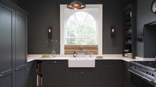 kitchen triangle dark grey kitchen with white belfast sink