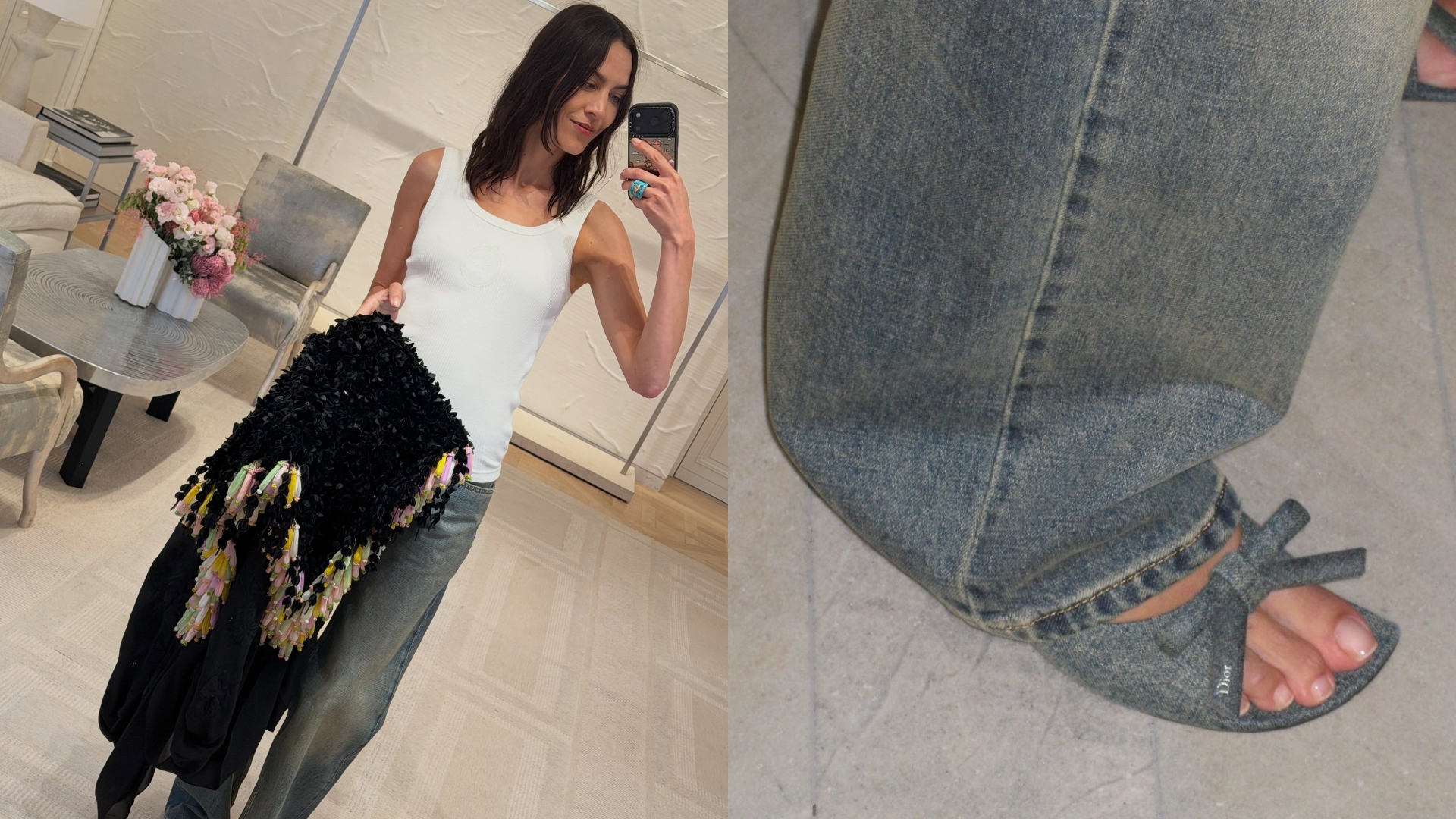 Alexa Chung wears Dior denim heels with jeans and a white tank top.