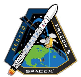 SpaceX's mission emblem for the SES-10 communications satellite launch atop a reused Falcon 9 rocket.