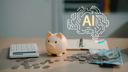 Artificial intelligence AI brain graphic with piggy bank and coins for smart financial technology