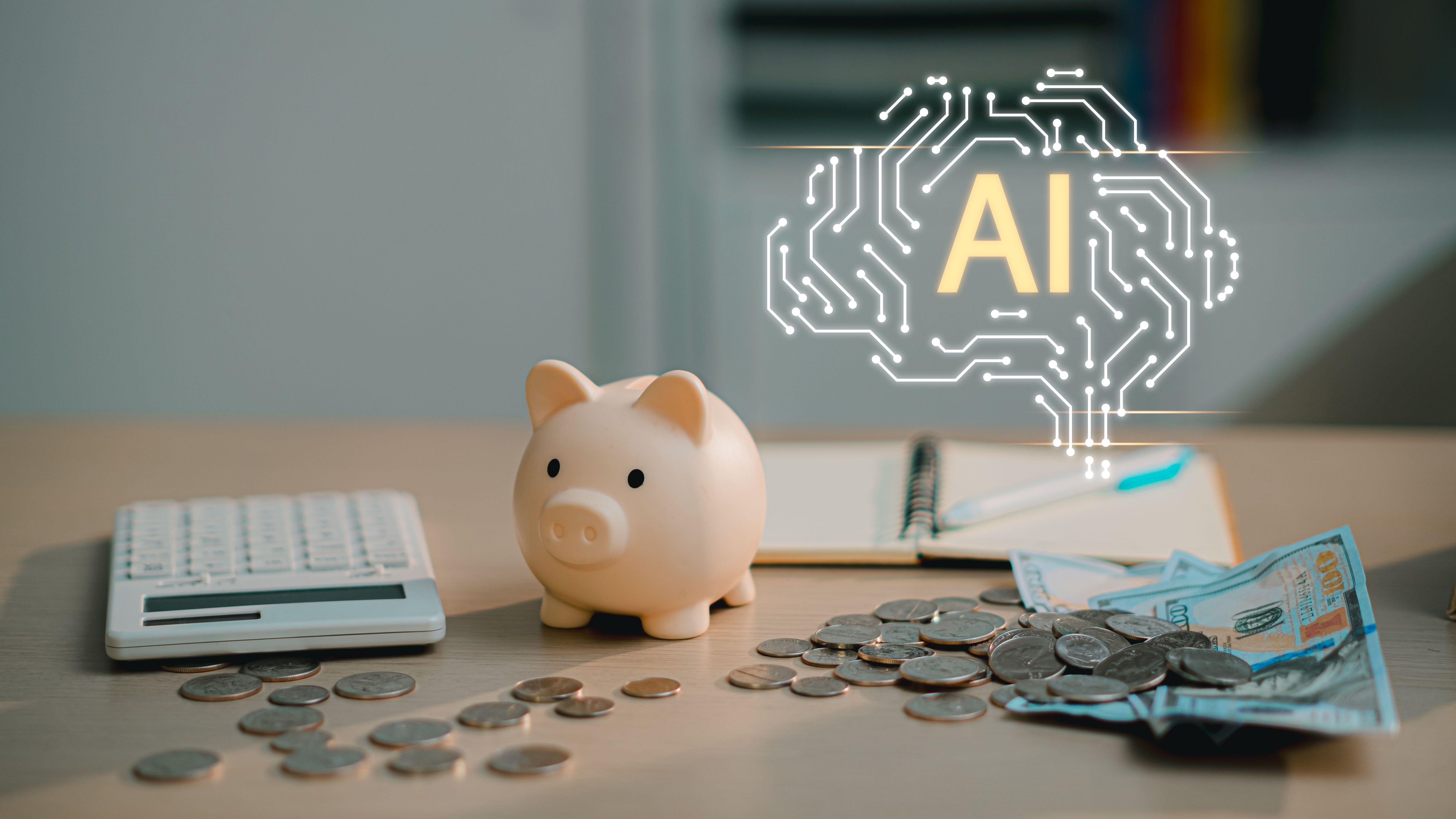 Artificial intelligence AI brain graphic with piggy bank and coins for smart financial technology
