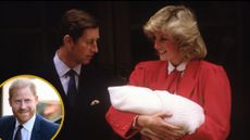 A roundel of Prince Harry in 2026 over the top of a picture of him as a baby with Princess Diana and King Charles in 1984