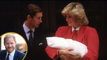 A roundel of Prince Harry in 2026 over the top of a picture of him as a baby with Princess Diana and King Charles in 1984