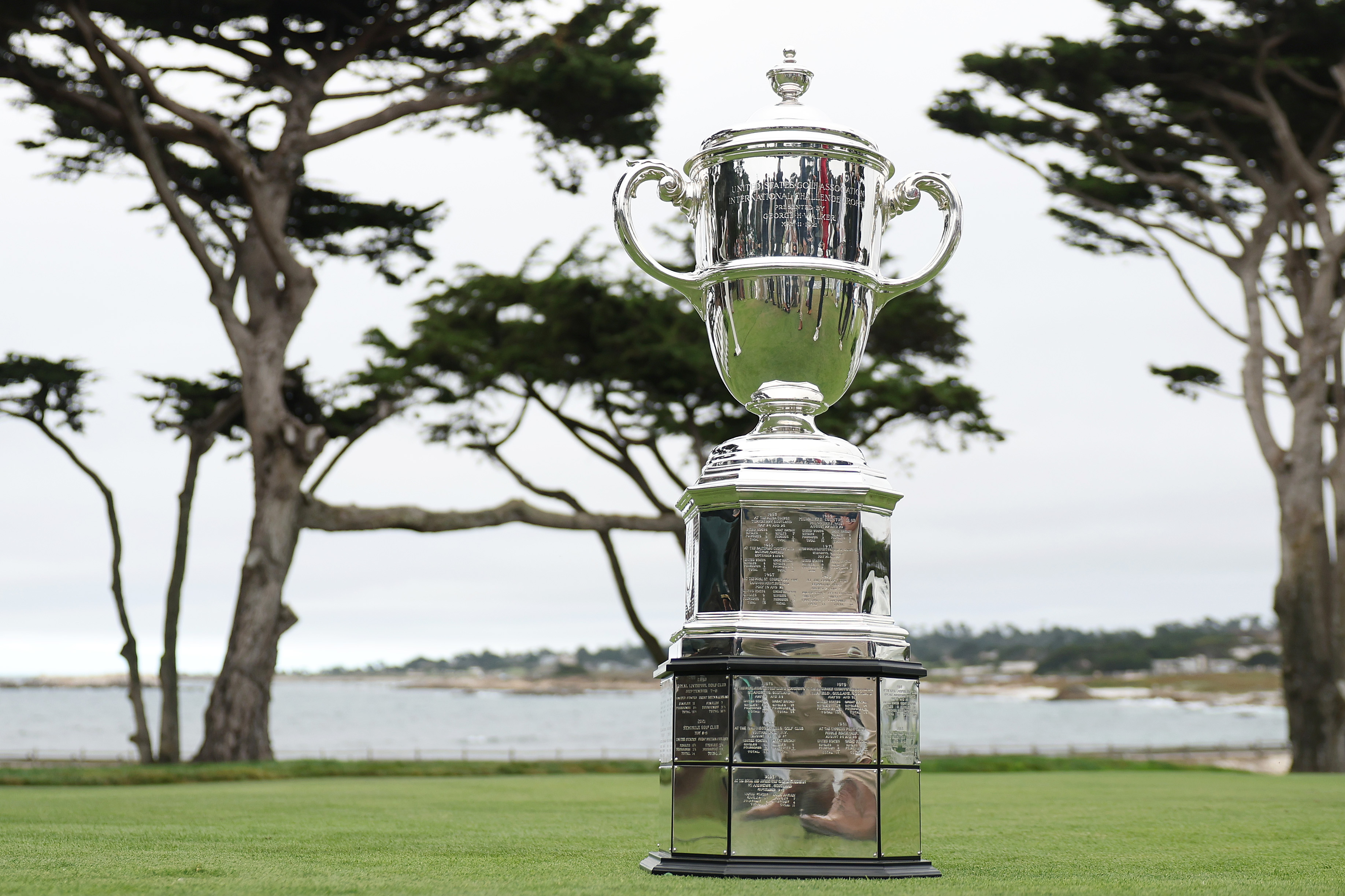A close up of the Walker Cup trophy