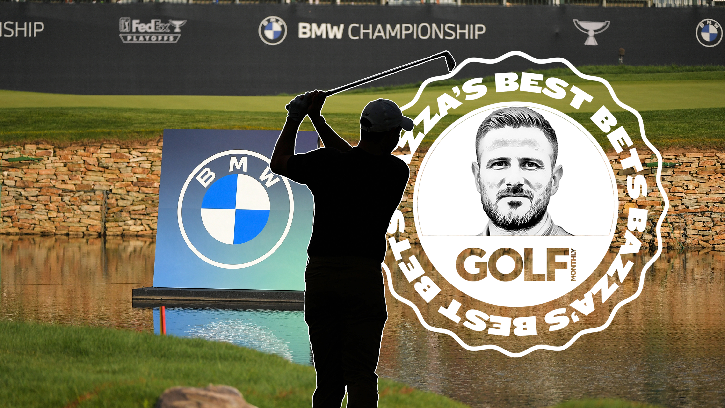 Bazza&#039;s best bets logo inset over an image of BMW Championship 2025 host venue, Caves Valley Golf Club, with another inset image of a silhouette of Bazza&#039;s Best Bet to win the BMW Championship 2025, Rory McIlroy