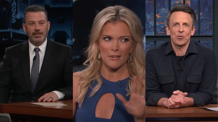 Screenshots of Jimmy Kimmel and Megyn Kelly from Jimmy Kimmel Live, he's in a suit and she's in a blue dress. Seth Meyers screenshot from his desk on late night, he's in a button down shirt. 