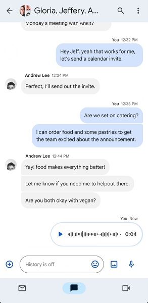 Users in a Google Chat thread can reply, react, and quote voice messages.