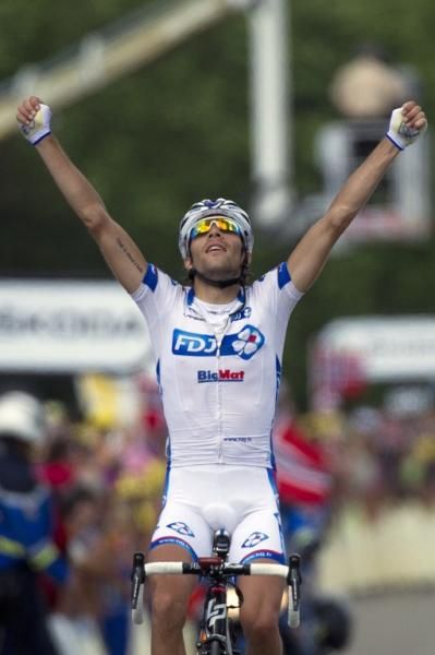 Thibaut Pinot celebrates his first Tour de France stage victory in his home region