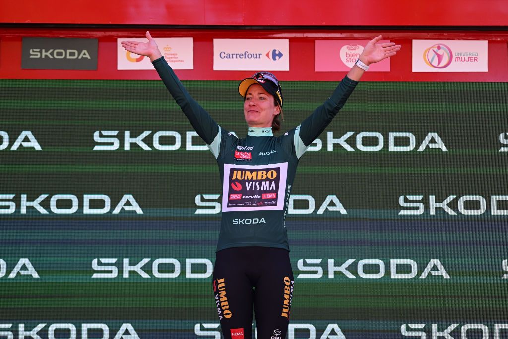 GUADALAJARA SPAIN MAY 04 Marianne Vos of The Netherlands and Team JumboVisma celebrates at podium as Green points jersey winner during the 9th La Vuelta Femenina 2023 Stage 4 a 1331km stage from Cuenca to Guadalajara UCIWWT on May 04 2023 in Guadalajara Spain Photo by Dario BelingheriGetty Images