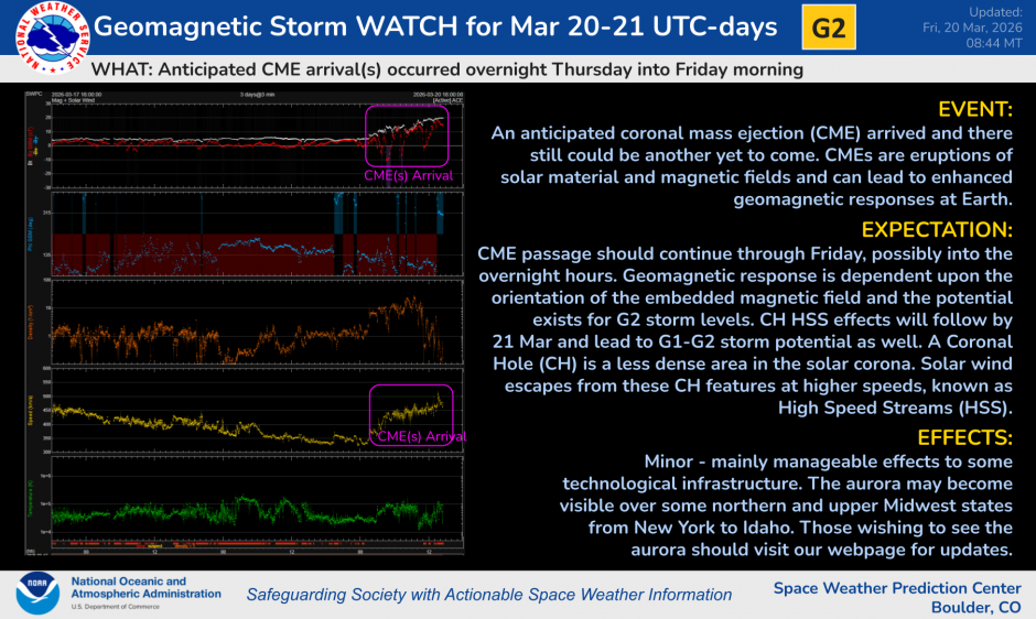 noaa g2 geomagnetic storm watch issued for march 20-21.