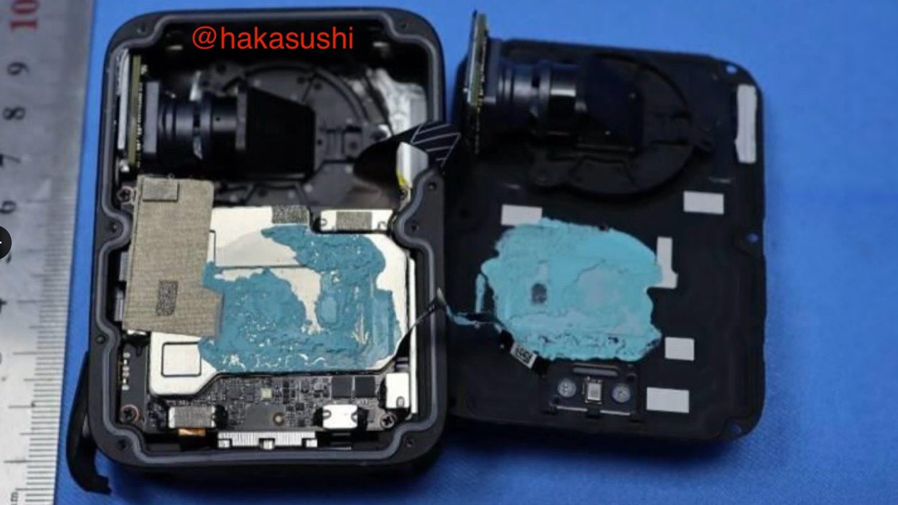 Leaked image of apparent Osmo 360 open case on blue next to ruler