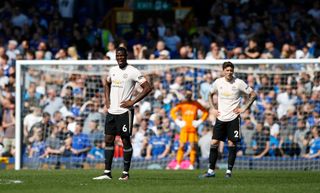 Paul Pogba (left) and Victor Lindelof show their dejection during the game at Goodison Park