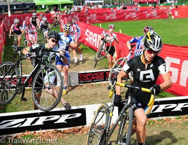 Andrea Smith (Ladies First Cycling) near the front of the race at the barriers